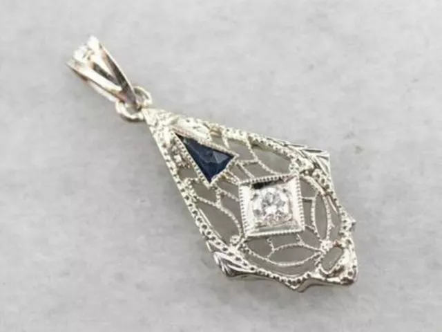 Art Deco Round Lab Created Diamond & Sapphire Filigree Wedding 925Silver Pendant