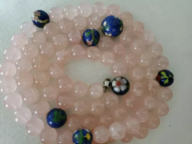 Vintage Rose Quartz & Cloisonne Beads Necklace, long 34", Estate