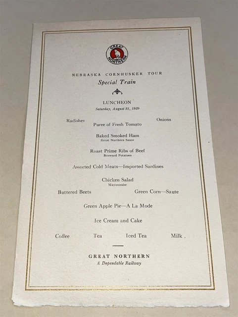 1929 Great Northern Railroad Nebraska Cornhusker Tour Dining Car Menu Lunch