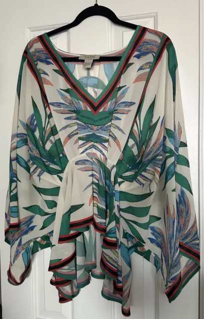 Flying Tomato Women's Kimono Sleeve Open Sheer Top Size L Colorful Floral Print