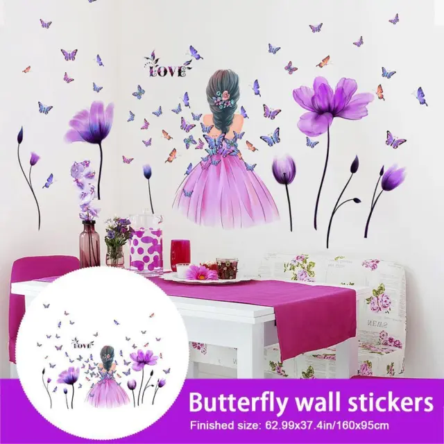 Calcomanía de pared para niña mariposa flor púrpura hada pared mural floral M9W7