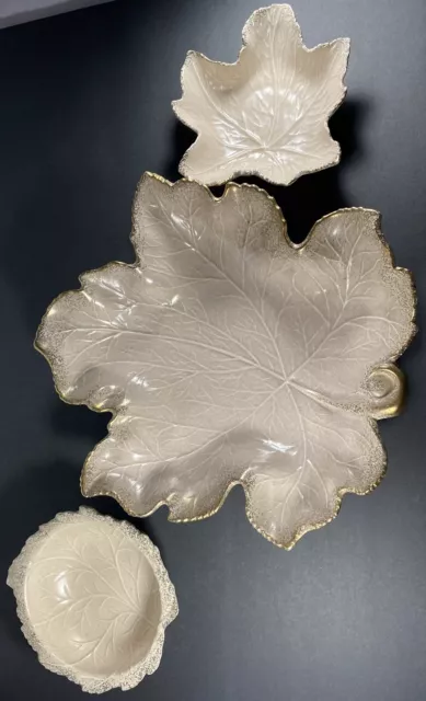 MCM Vintage Calif Pottery USA White Chip & Dip Set Leaf Dish Platter Marked 719