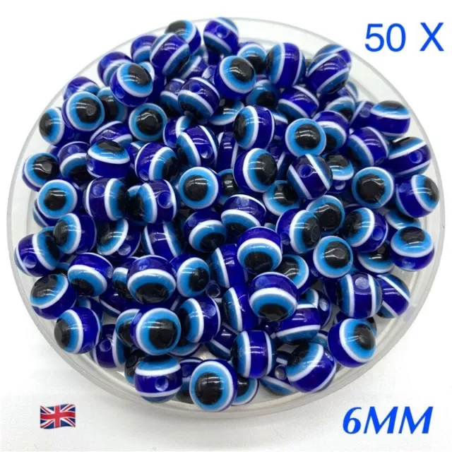 50 X Blue Evil Eye Round Resin Beads 6Mm Top Quality Jewellery Making, Bracelet