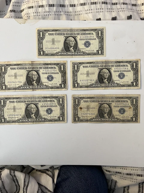 (5)  1957 A and B One Dollar Blue Seal Note Silver Certificate Old US Bills.