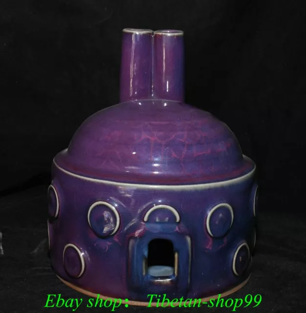 9''Old Chinese Song Dynasty Jun Kiln Purple Glaze Porcelain Boiler Statue