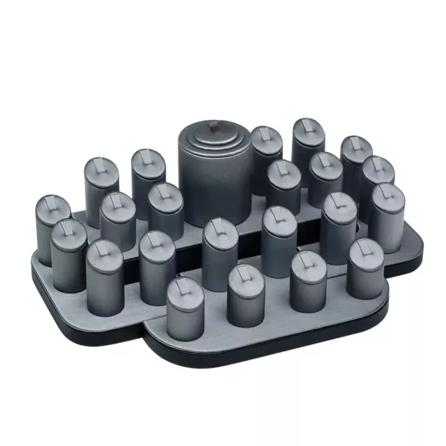 Steel Grey Leatherette Jewelry Ring Display Set - Holds 23 Rings