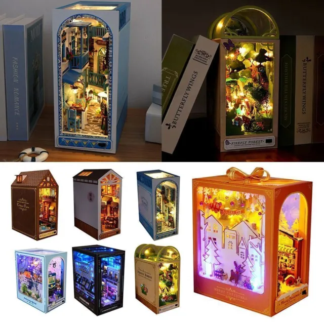 LED Light DIY Book Nook Kit 3D Wooden Puzzle Bookshelf Insert Decor Kids Gifts