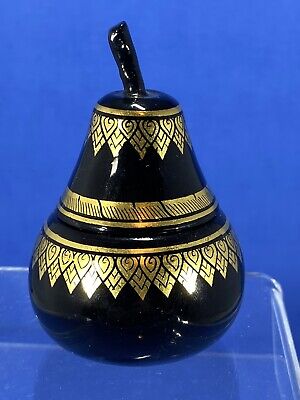 Vintage Russian Lidded Lacquer Trinket Box Pear Hand Painted 3" H x 2" Dia