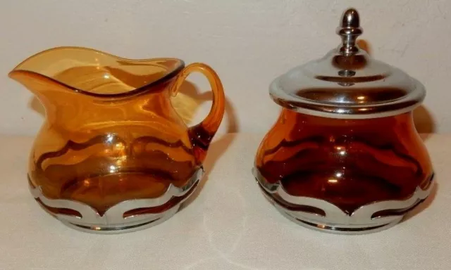 Vintage1930~FARBER Bros~Cambridge Amber Glass~Creamer Sugar~Krome Kraft NY~LkNew