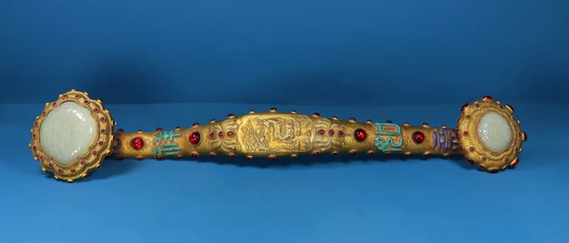Chinese Exquisite Handmade Copper Gilt Inlaid Hetian Jade Ruyi Statue