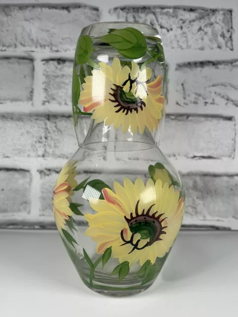 Glass Bedside Water Set Carafe & Tumbler Cup TumbleUp Hand Painted Sunflowers