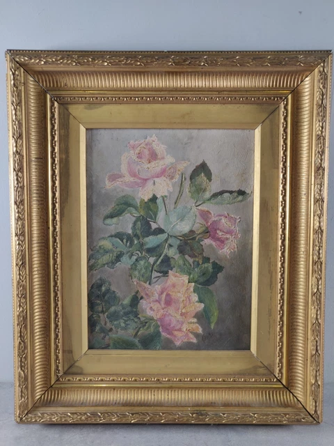 Tableau HUILE sur TOILE signe BOUQUET de ROSE XIXe siecle cadre bois stuc dore L