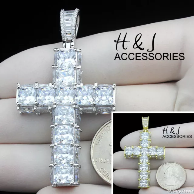 Men 925 Sterling Silver Icy Baguette Cz Gold Plated/Silver 3D Cross Pendant*P445