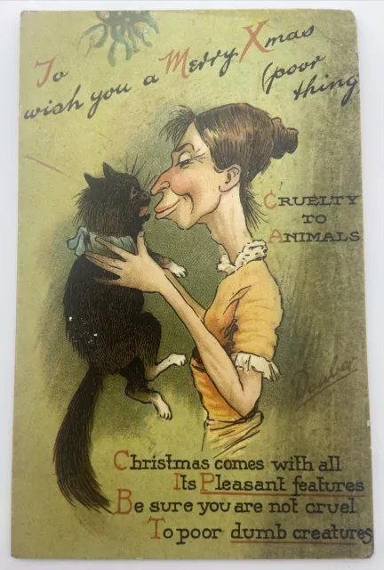 Christmas Postcard c1900 Early Awareness Of Cruelty To Animals Black Cat