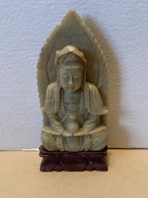 Antique Buddha Soapstone Carving Chinese Sculpture Celadon W/Russet Colors Rare