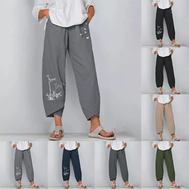 Pantalon ample confortable taille élastique en coton lin pour femmes détendues