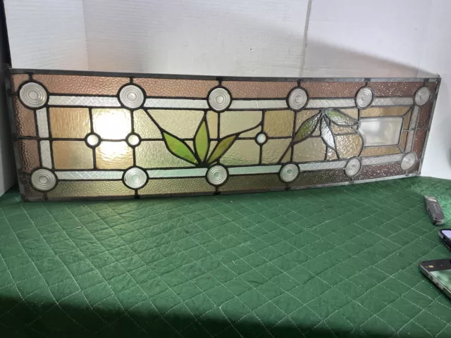 Large 40x11 Stained Glass Transom window hanging Floral Circle Swirl