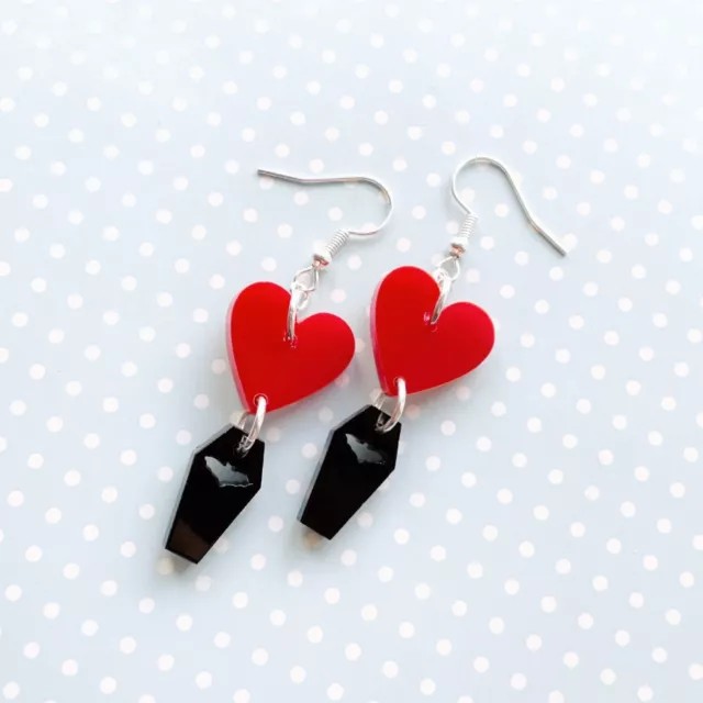 Handmade Red Heart & Black Bat Coffin Drop Dangly Earrings ~Retro~50s~Halloween