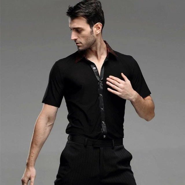 Uomo Danza Camicia Ballo Moderno Salsa Samba Nero Latino Manica Corta Lunga