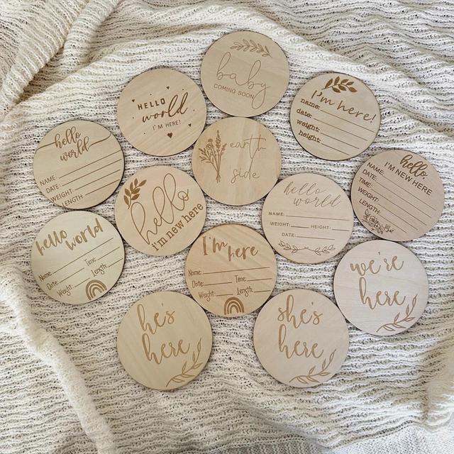 NEWBORN BABY BIRTH Announcement Wooden Customise Milestone Disc Card ...
