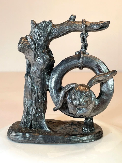 Vtg Pewter Figurine of Rabbit in Tire Swing 1991 Michael Ricker Signed w/COA