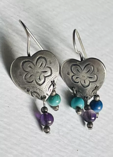 🍀Sterling Silver Southwestern Heart Shaped Dangle Beaded Earrings