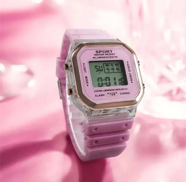 PINK Ladies Girls Led Digital Wristwatch Shockproof Waterproof Female UK