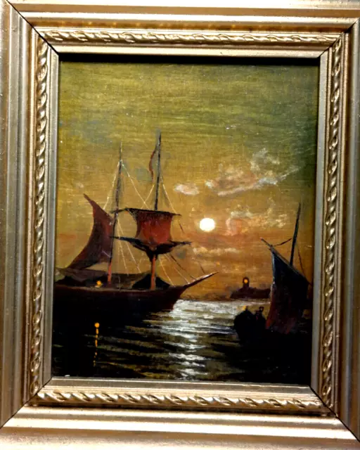 Öl Gemälde Öl Bild Holzrahmen 23x25 cm Maritim "Segelschiffe im Mondlicht" 2