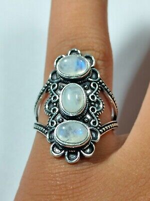 Handmade Three-Stone Beautiful Silver Plated Ring with Natural Moonstone size 7