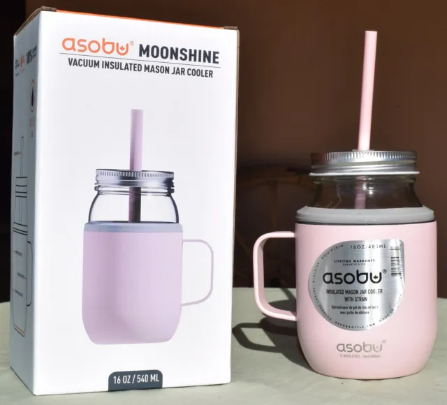 Asobu Pink Moonshine Vacuum Insulated Mason Jar Cooler Silicone Straw 16 Oz