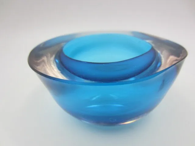 Sapphire blue flat rim Poli Seguso era sommerso art glass bowl Murano geode