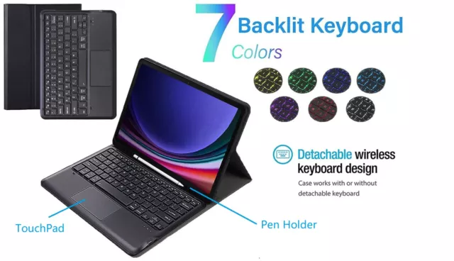 "Hintergrundbeleuchtete abnehmbare Tastatur + Hülle Cover für Samsung Galaxy Tab S9 FE +/PLUS 12,4"