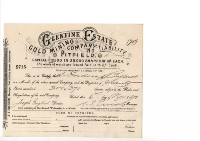 Glenfine Estate Gold Mining Company Share Scrip Certificate 1907