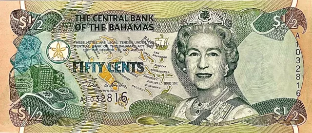 Bahamas 1/2 Dollar UNC Banknote Series 2001 Queen Elizabeth II Era Rare PP993