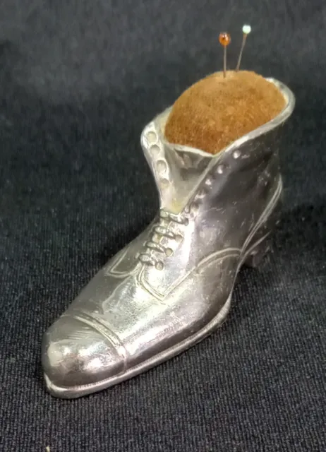 Antique Silver Plated Small Victorian Boot Hat Pin Cushion