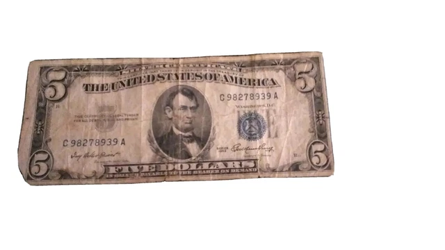1953 Five Dollar BLUE Seal Note Silver Certificate $5 Old US Bill