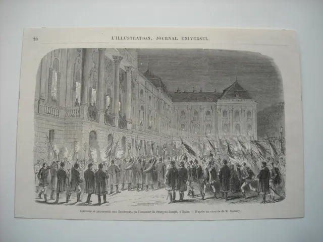 1866 Engraving. Promenade Aux Torchbeaux, In Honor Of Francois-Joseph, A Bude..