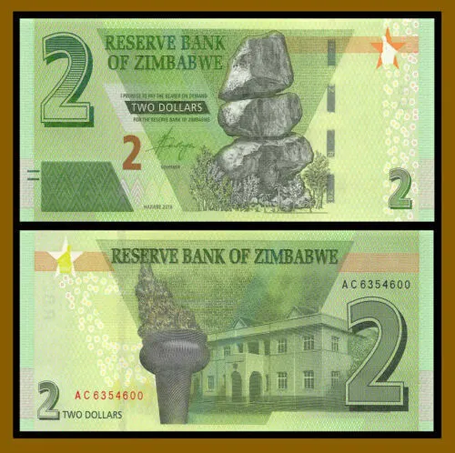 Zimbabwe 2 Dollars 2019  Banknote Revise Hybrid Balancing Rocks UNC P-101