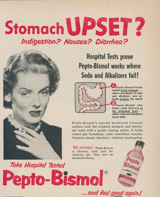 1957 Pepto Bismol Hospital Tested Upset Stomach Necklace Vintage Print Ad L10