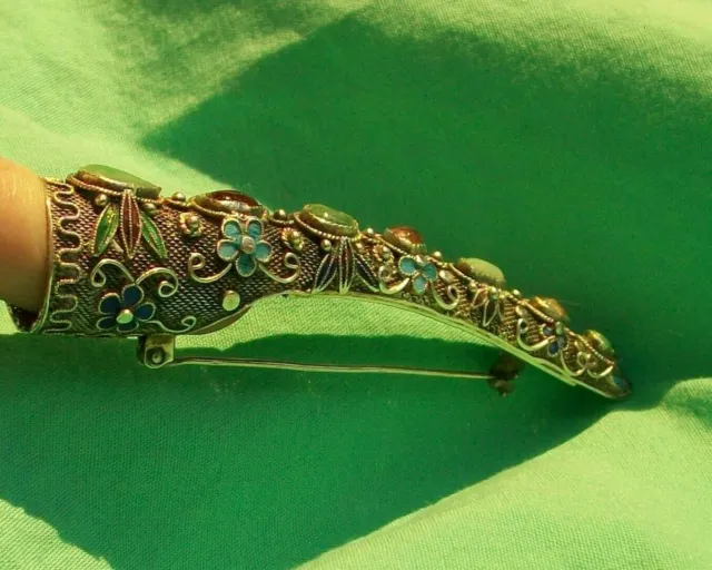 Chinese Antique Sterling Silver Jade & Tourmaline Fingernail Guard Pin