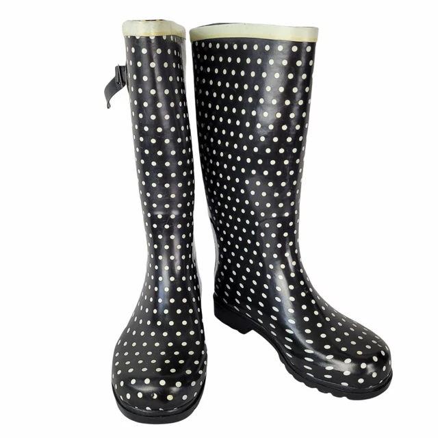 Charlotte Russe Womens Sz 5 Rain Boots Black White Polka Dot Adjustable Mid Calf