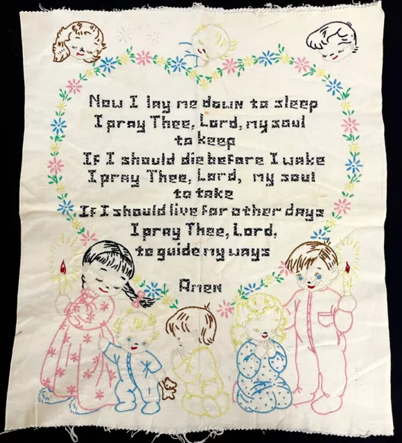 Funda de almohada de oración bordada a mano para niños de la década de 1950 lista para terminar 13581