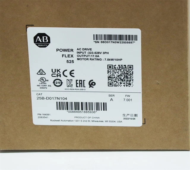 25B-D017N104  PLC Ser A Powerflex 525 AC Drive 10HP Allen Bradley Surplus SEALED