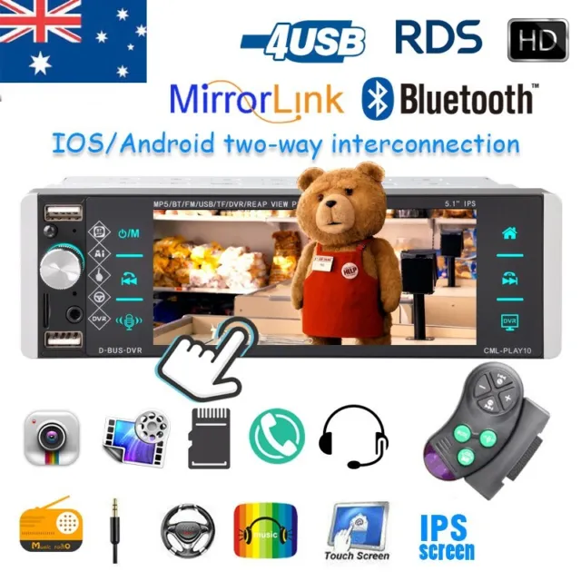 Single 1Din 5" MP5 Player AM/FM/RDS Bluetooth Car Stereo Radio Touchscreen Smart