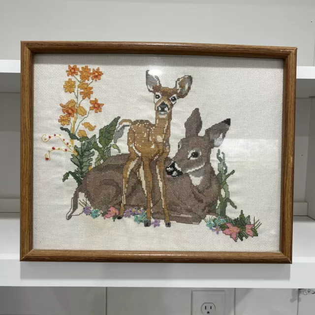 Finished Cross Stitch Framed Picture Deer and Baby Fawn Flowers Wildlife