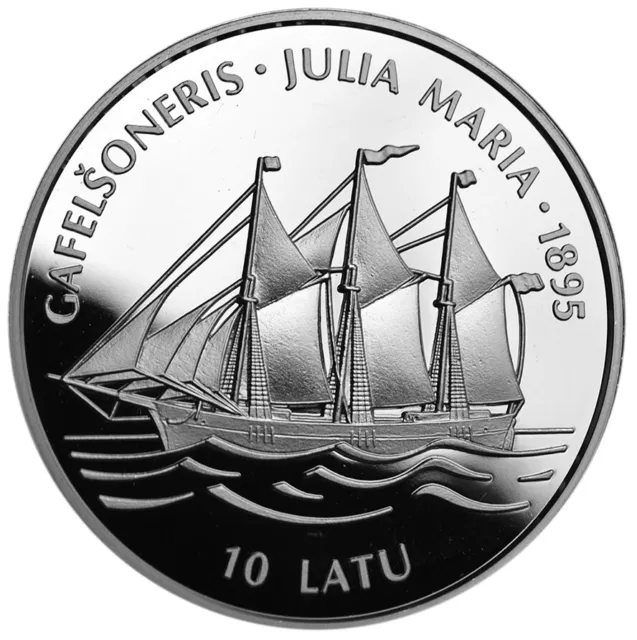LATVIA 10 Latu 1995 Silver Proof '3-Masted Schooner - Julia Maria'