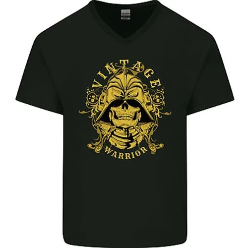 Vintage Warrior Samurai Bushido Mma Teschio Uomo Scollo A V Cotone T-Shirt