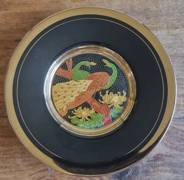 Cloisonné Japanese Plate Black Gold Peacock