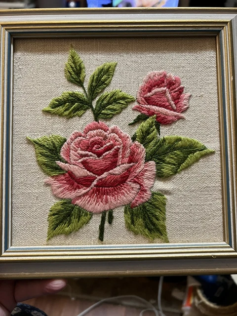 Set of 2 VINTAGE EMBROIDERED ROSE AND VIOLET HANDMADE FRAMED ART