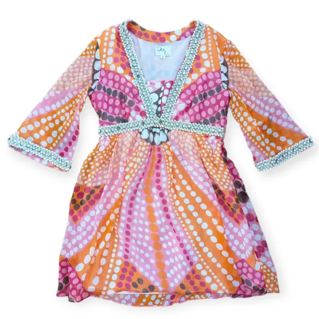 MILLY Pink Orange Silk Polka Dot Print Beaded Tunic Dress